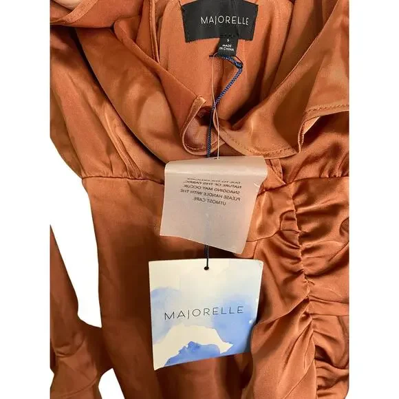 MAJORELLE Nelly Mini Dress Surplice Shirred Ruffle Detail Terracotta Brown Small